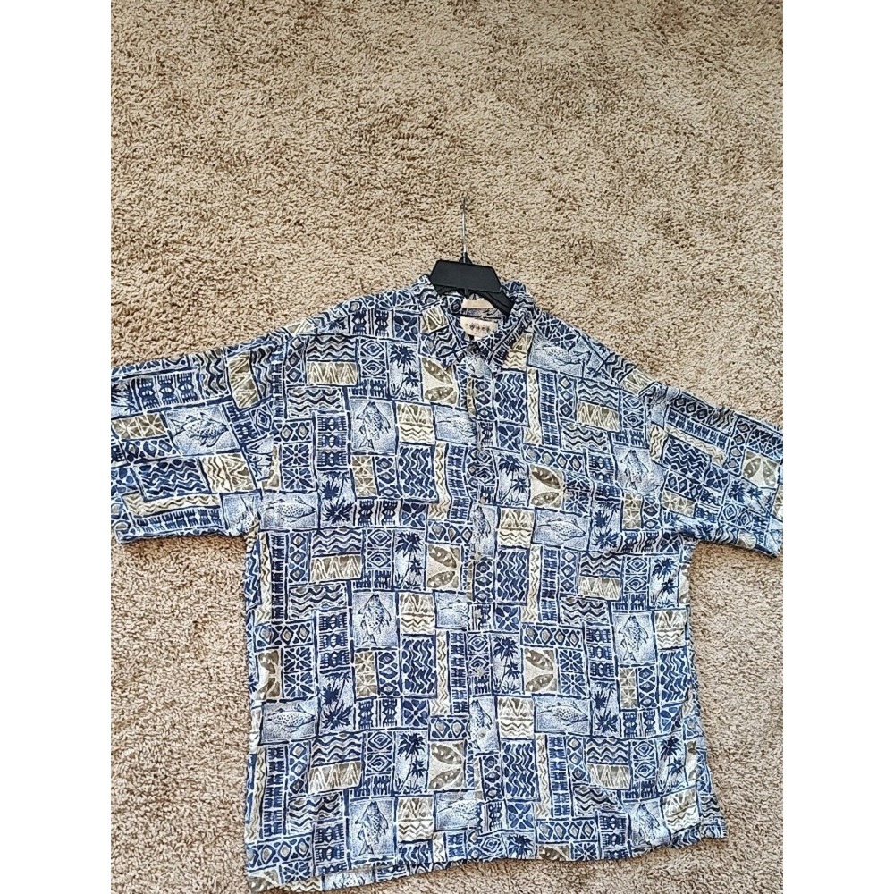 Campia Moda Mens 2XL Blue Tropical Fish Palm Tree Rayon Button Down Shirt